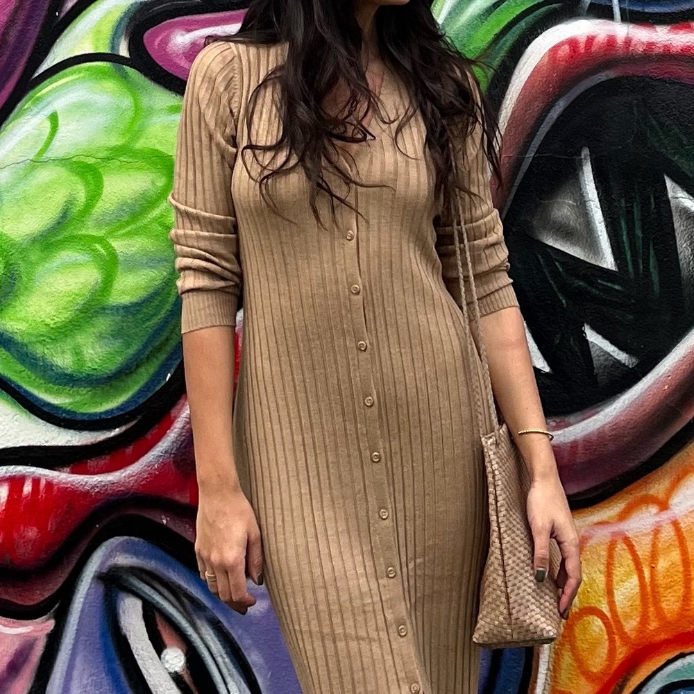 Cotton Club Monaco Ribbed Button-Front Brown Knit Dress
